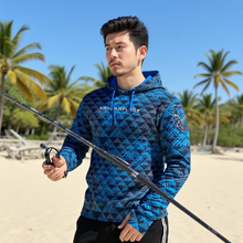 Load image into Gallery viewer, "Kanakaflage" Blue by Hakuole Designs Men's Sunscreen Fishing Hoodie With Thumb Holes
