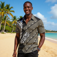 Load image into Gallery viewer, "3 Kāhili" ʻEleʻele by Hakuole Designs "Palaka Aloha" Shirt
