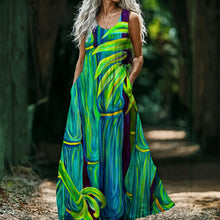Load image into Gallery viewer, "Blue Bamboo" by Rachael Ray Art "Hawaiian Heron" Women’s Sleeveless Maxi Dress
